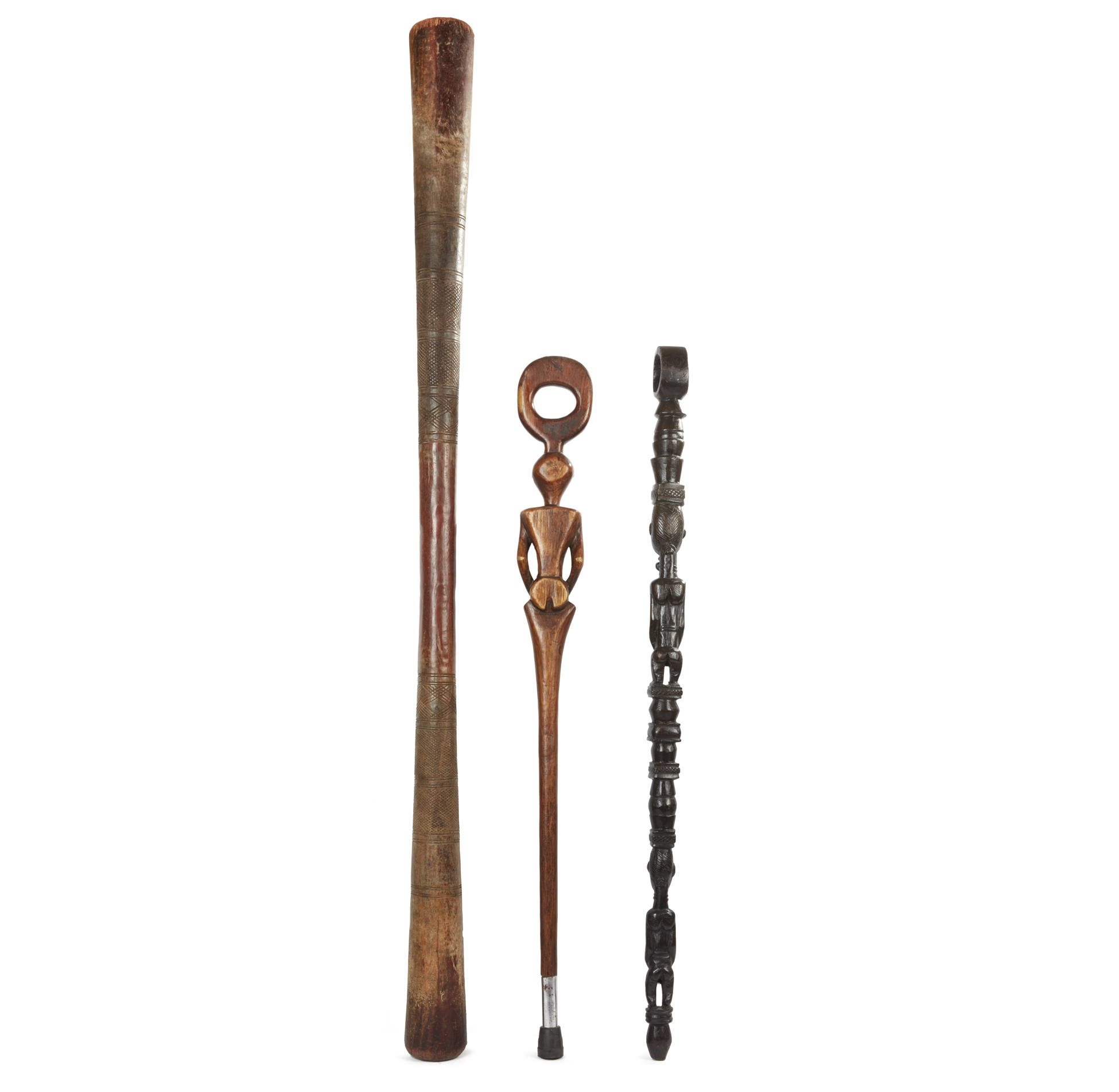 Two African Staffs and Large Pestle Witherell's Auction House