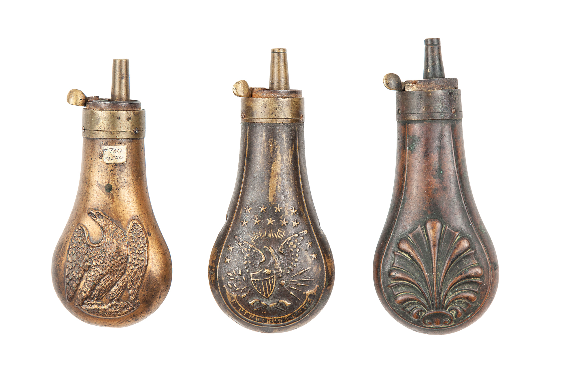 3 Small Antique Powder Flasks for Pistols Witherell's Auction House