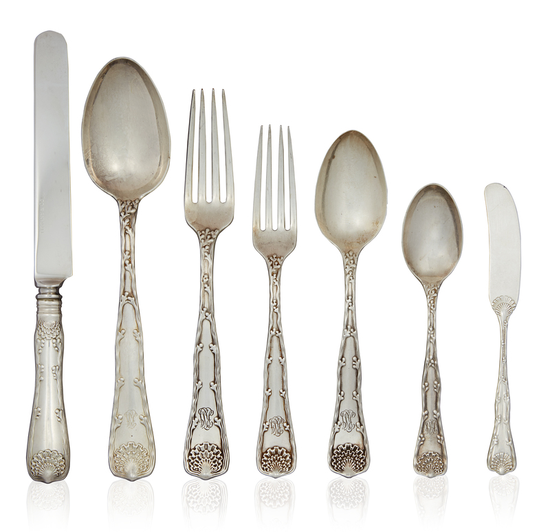 42 Piece Tiffany Sterling Silver Flatware, Wave Edge Pattern, 61 ozt