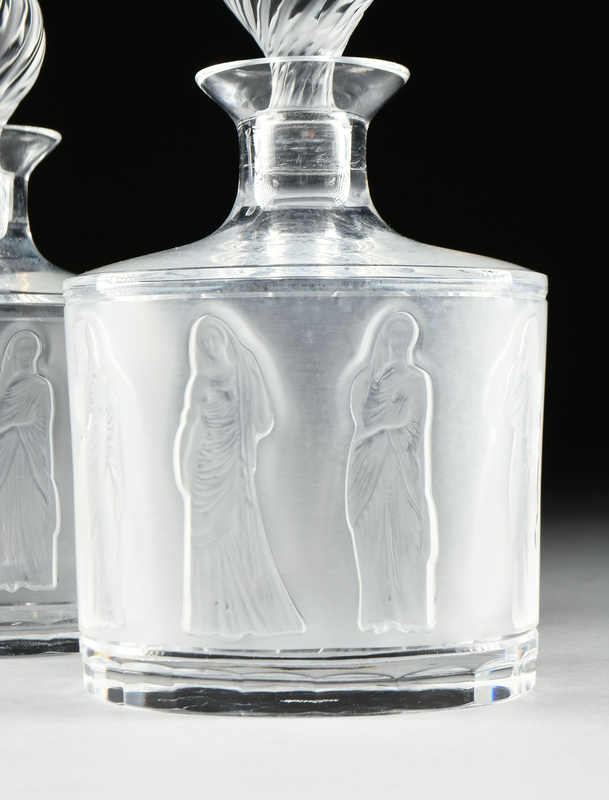 A PAIR OF VINTAGE LALIQUE DECANTERS, "FEMMES ANTIQUES," PARIS, MID 20TH